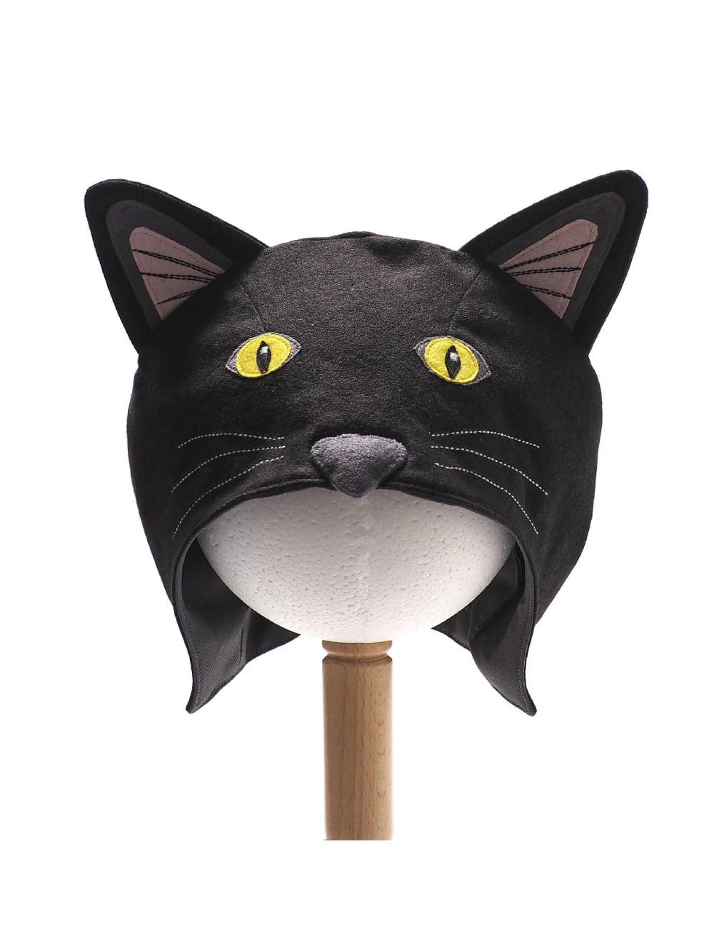Front view of the black cat hat on a stand against a plain white background.