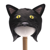 Front view of the black cat hat on a stand against a plain white background.