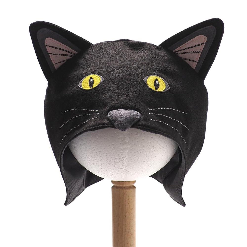 Front view of the black cat hat on a stand against a plain white background.