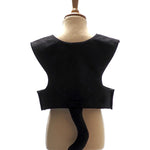 Back view of black cat tabard on a stand against a plain white background.