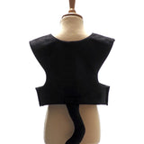 Back view of black cat tabard on a stand against a plain white background.