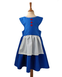 Front view of the royal blue pinafore dress on a stand against a white background.