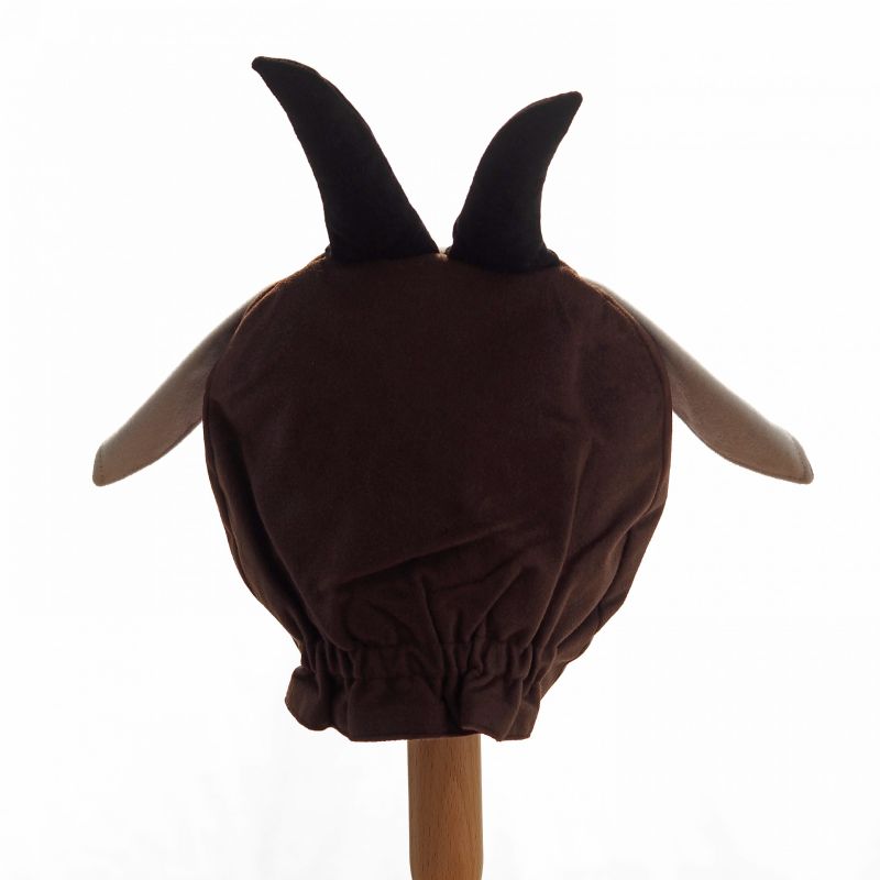 Back view of the brown billy goat hat on a stand against a white background.