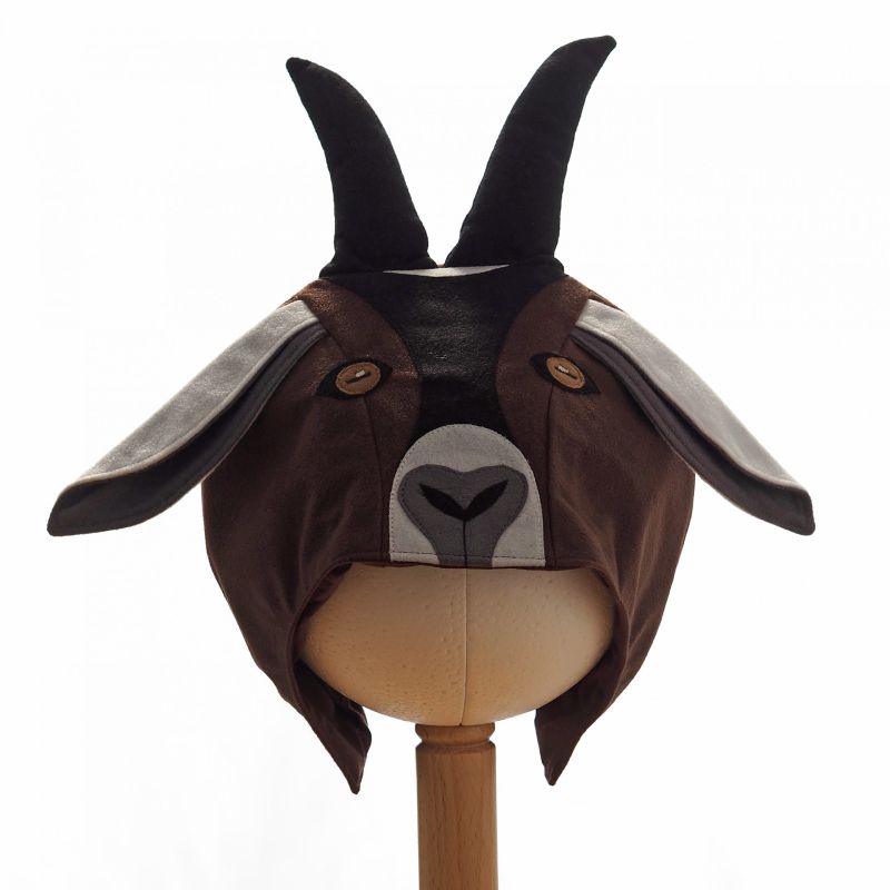 Front view of the brown billy goat hat on a stand against a white background.