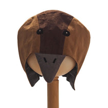 Front view of the brown duck hat on a stand against a white background.