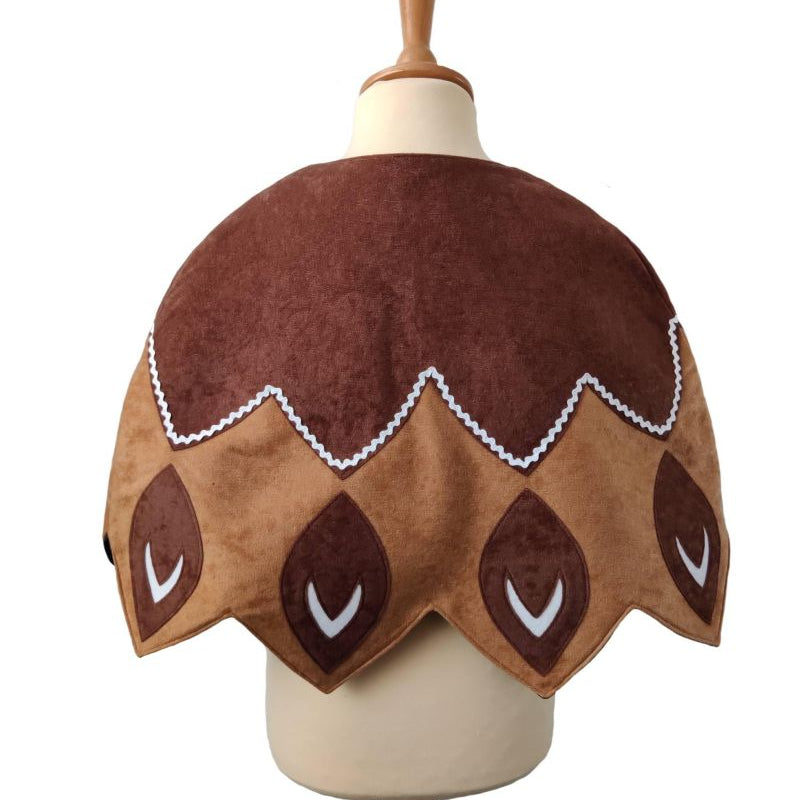 Back view of the brown feathered cape on a stand against a white background.