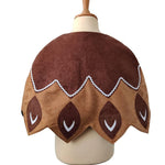 Back view of the brown feathered cape on a stand against a white background.