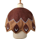 Back view of the brown feathered cape on a stand against a white background.