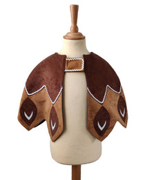 Front view of the brown feathered cape on a stand against a white background.
