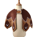 Front view of the brown feathered cape on a stand against a white background.