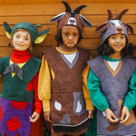 3 children standing in a row, two are wearing the billy goat hat and tabard and the third is wearing the troll hat and tabard.