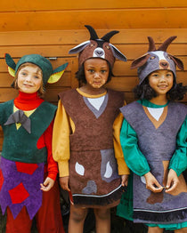 3 children standing in a row, two are wearing the billy goat hat and tabard and the third is wearing the troll hat and tabard.