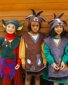 3 children standing in a row, two are wearing the billy goat hat and tabard and the third is wearing the troll hat and tabard.