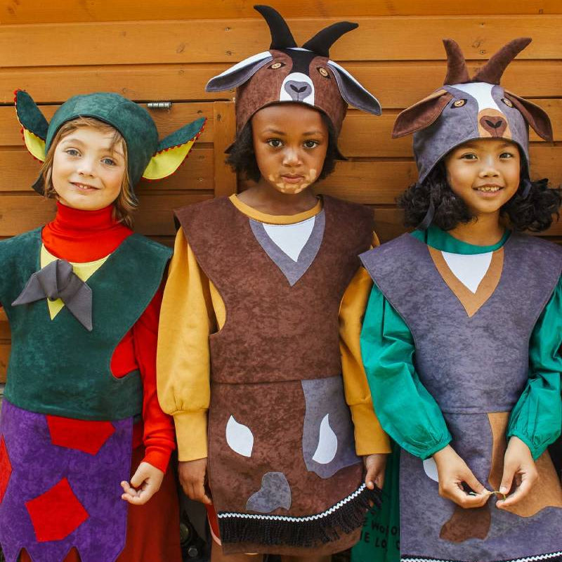 3 children standing in a row, two are wearing the billy goat hat and tabard and the third is wearing the troll hat and tabard.