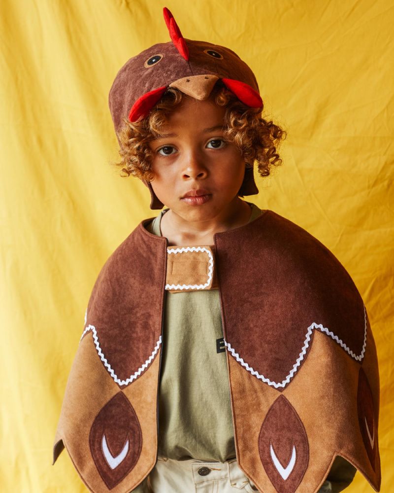 Child wearing the brown hen hat and brown feathered bird cape, standing against a bright yellow fabric background.