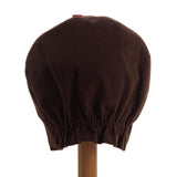 Back view of the brown hen hat on a stand against a white background.