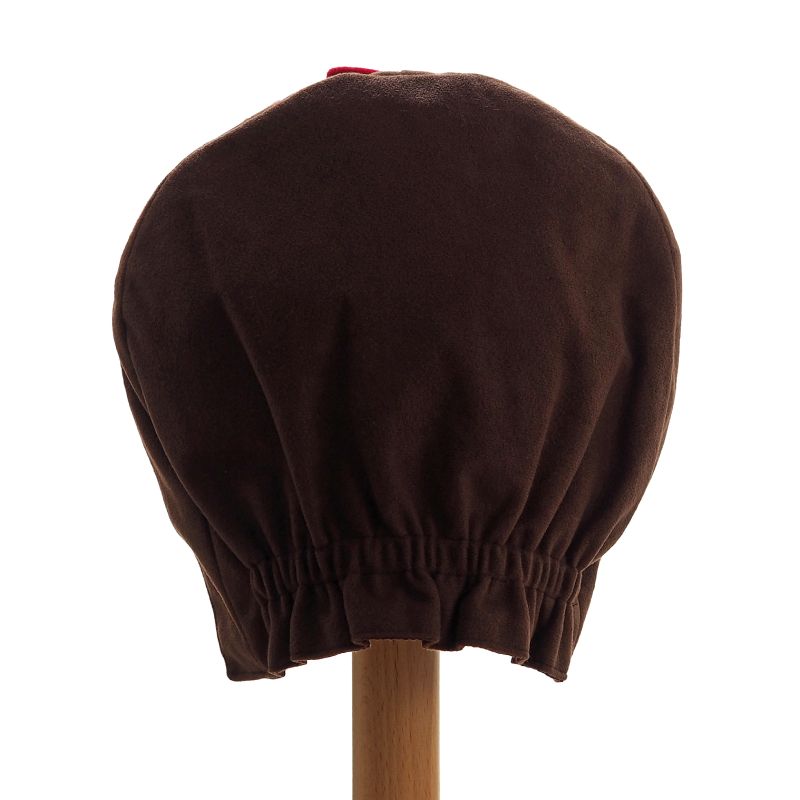 Back view of the brown hen hat on a stand against a white background.
