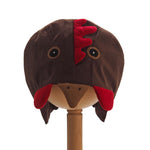 Front view of the brown hen hat on a stand against a white background.