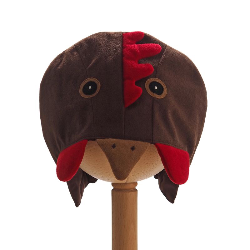 Front view of the brown hen hat on a stand against a white background.