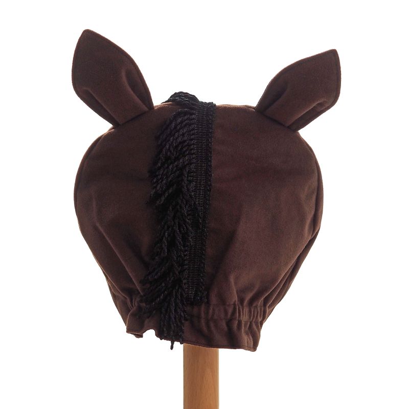 Back view of the brown horse hat on stand against a white background.