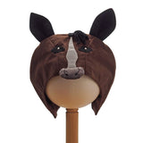 Front view of the brown horse hat on a stand against a white background.