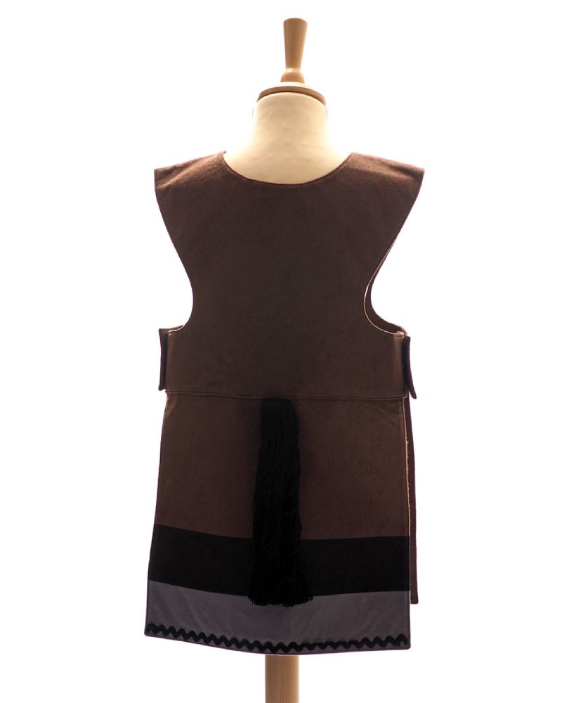 Back view of the brown horse tabard on a stand against a white background.