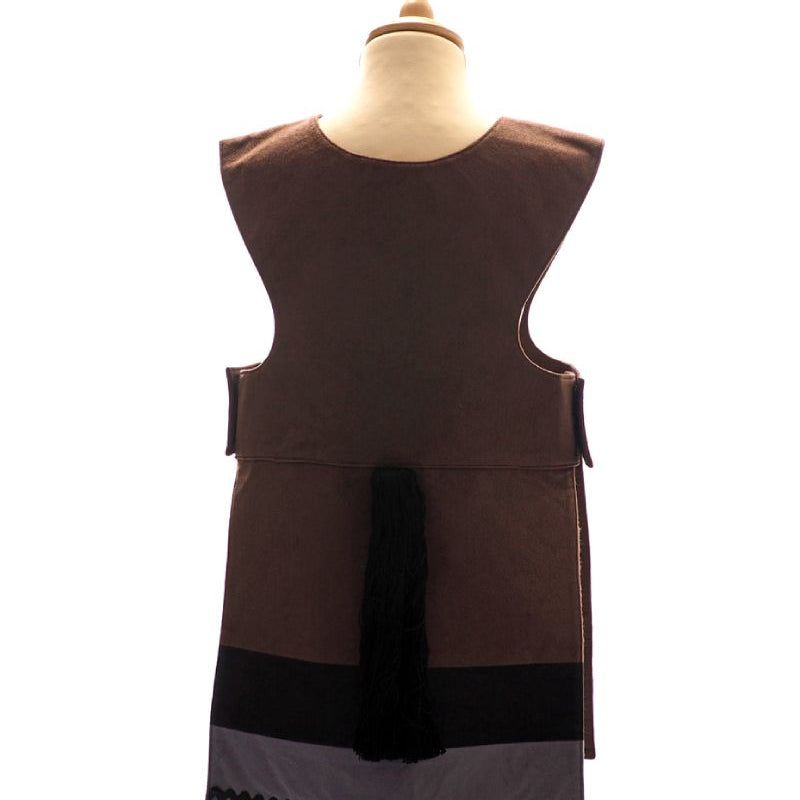 Back view of the brown horse tabard on a stand against a white background.