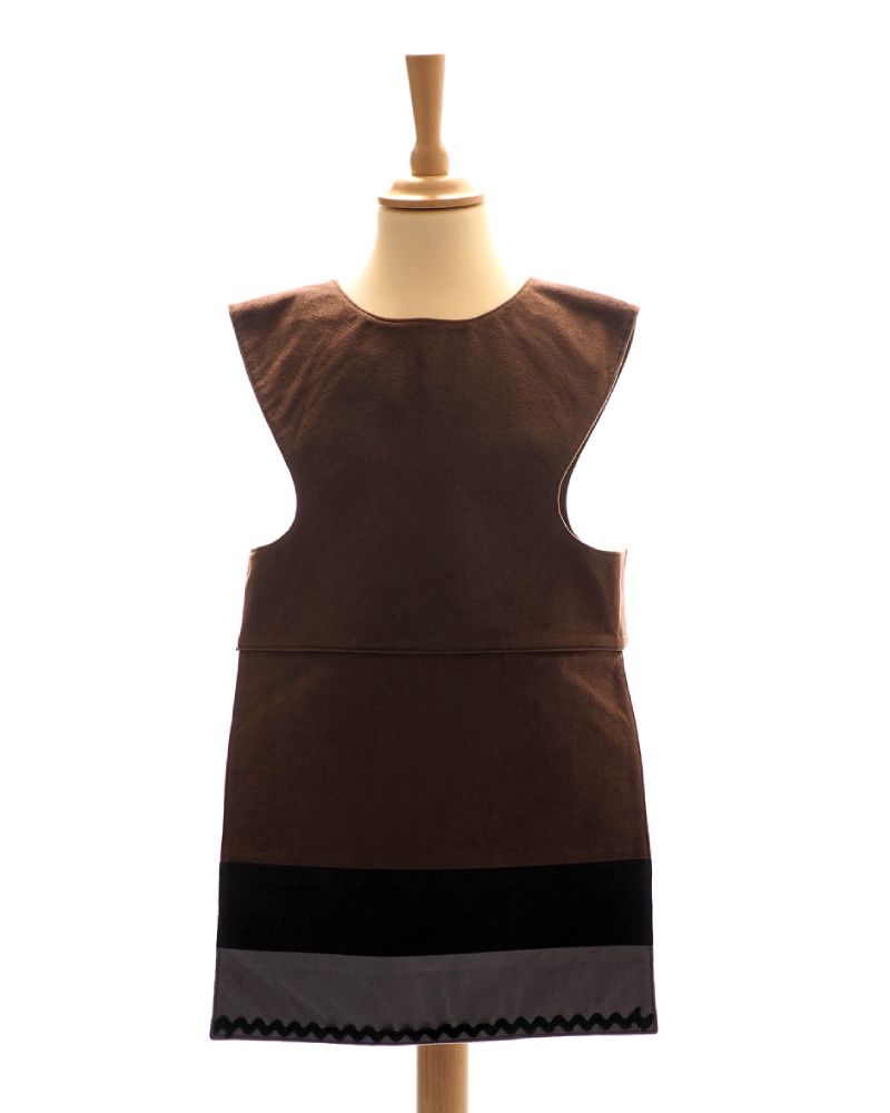 Front view of the brown horse tabard on a stand against a white background.