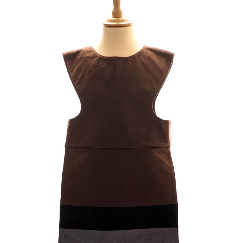 Front view of the brown horse tabard on a stand against a white background.