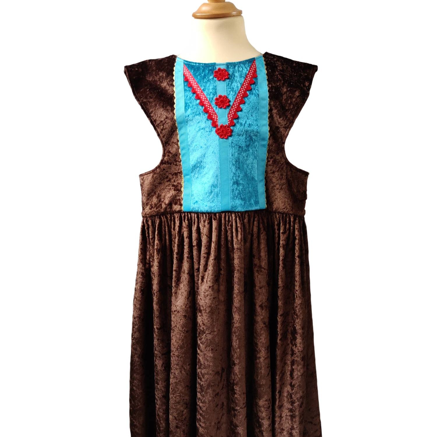 Front view of the chocolate royal fairytale dress on a stand