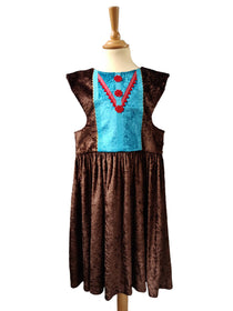 Front view of the chocolate royal fairytale dress on a stand