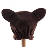 Back view of the brown bear hat on a stand against a plain white background.