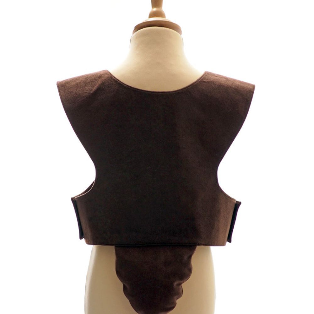 Back view of the brown bear tabard on a stand against a plain white background.