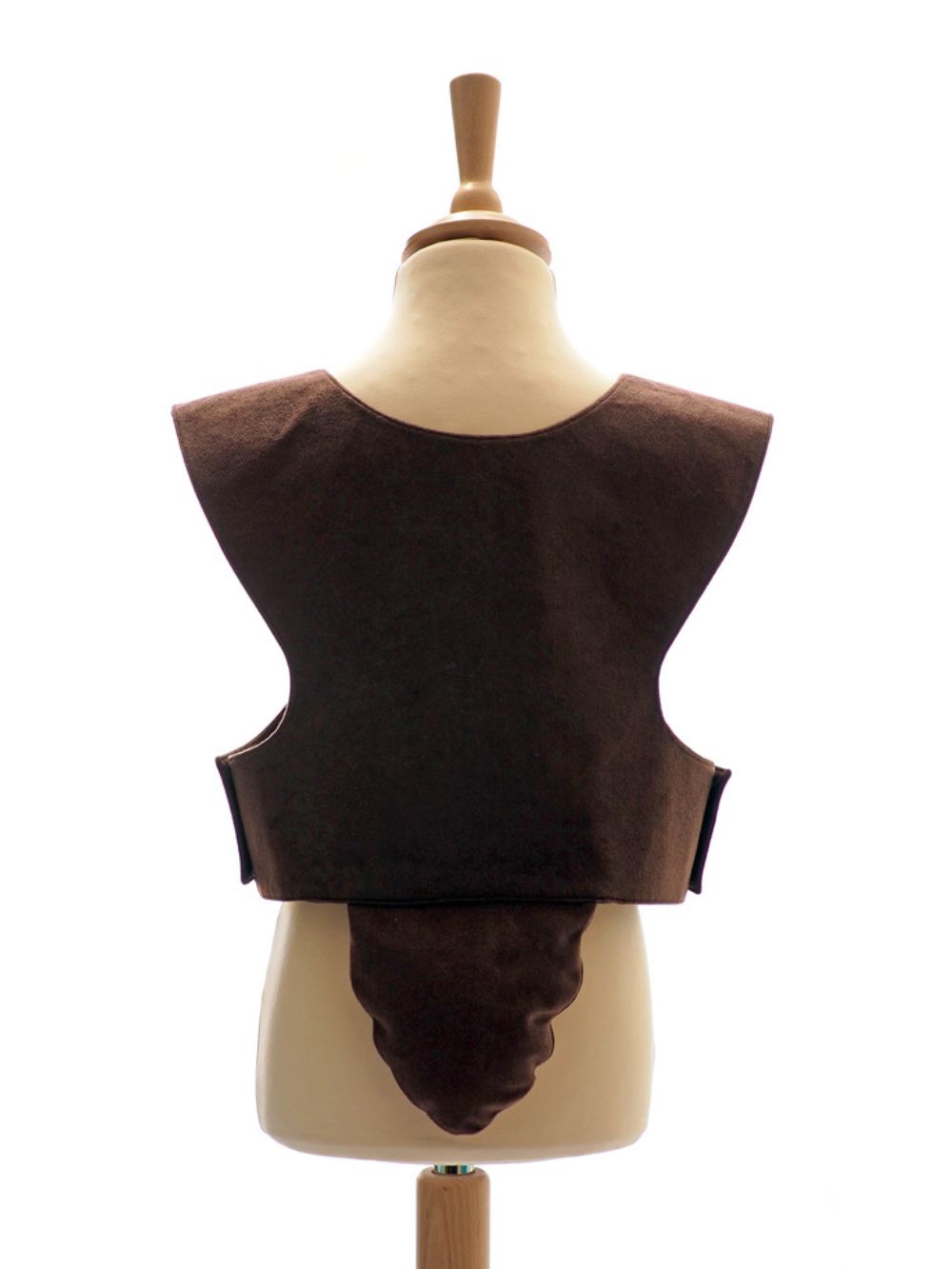 Back view of the brown bear tabard on a stand against a plain white background.