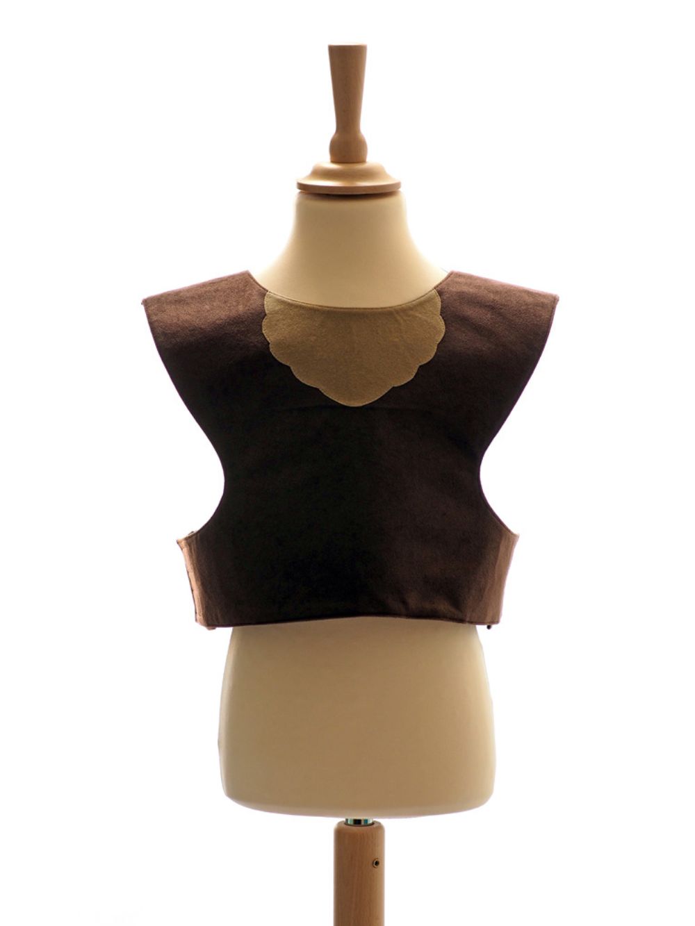 Front view of the brown bear tabard on a stand against a plain white background.
