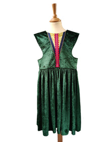 Front view of emerald royal fairytale dress on a stand