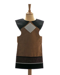 Front view of floppy eared dog tabard on a stand against a white background.
