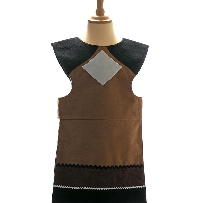 Front view of floppy eared dog tabard on a stand against a white background.