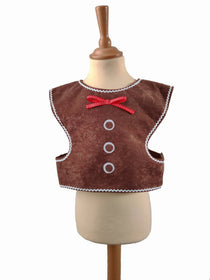 Front view of the gingerbread man tabard on a stand against a white background.