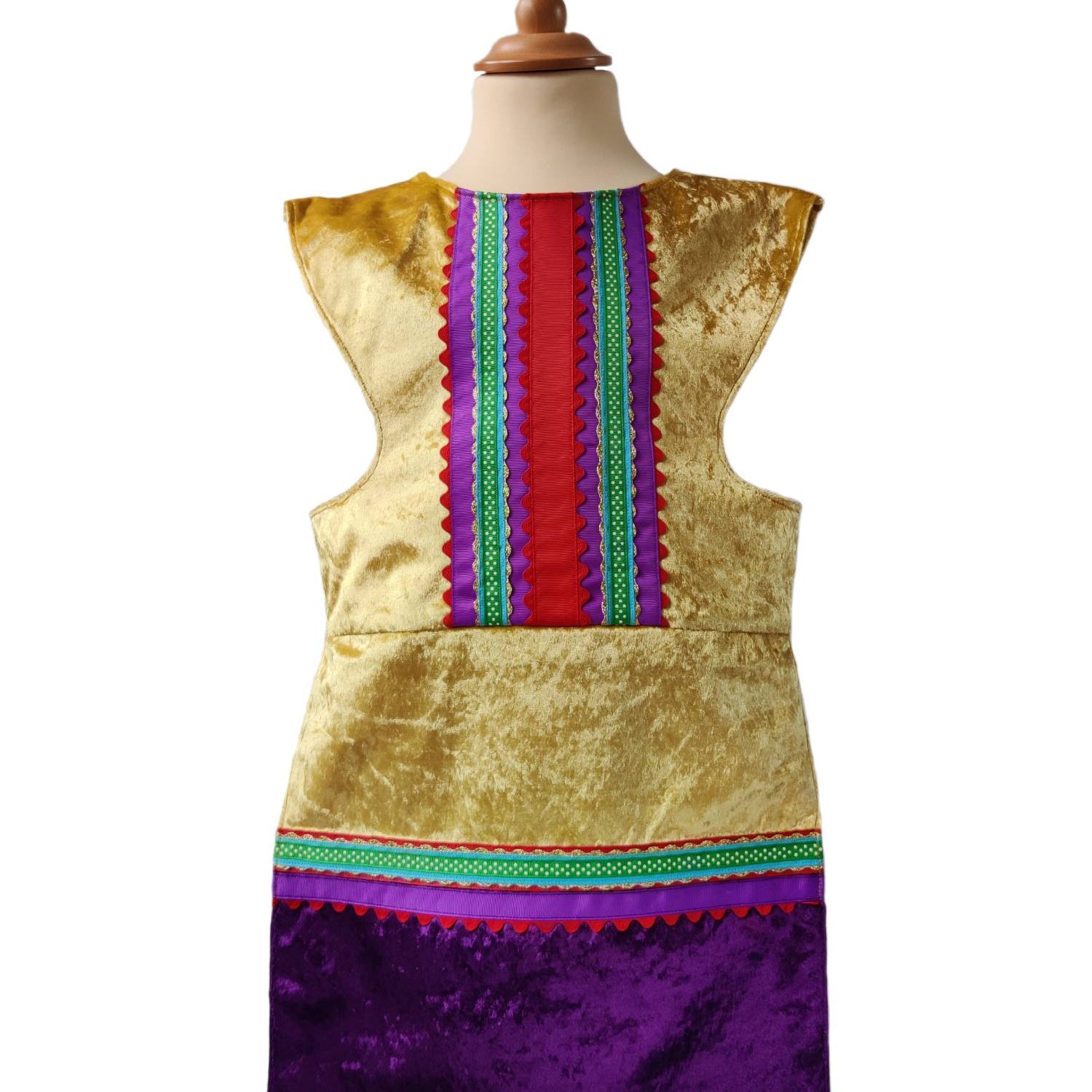 Front view of the gold royal fairytale tabard on a stand