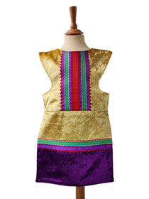 Front view of the gold royal fairytale tabard on a stand