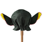 Back view of green troll hat on a stand