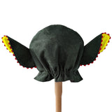 Back view of green troll hat on a stand