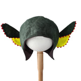 Front view of green troll hat on a stand