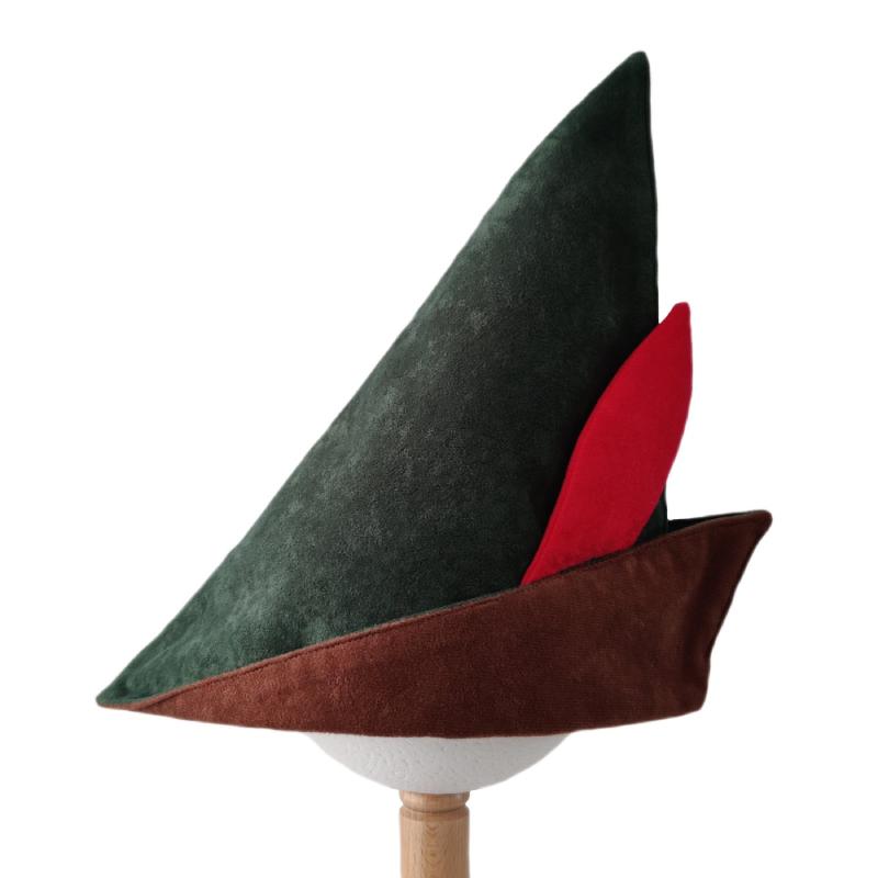 Left side of green archer hat on a stand against a plain white background