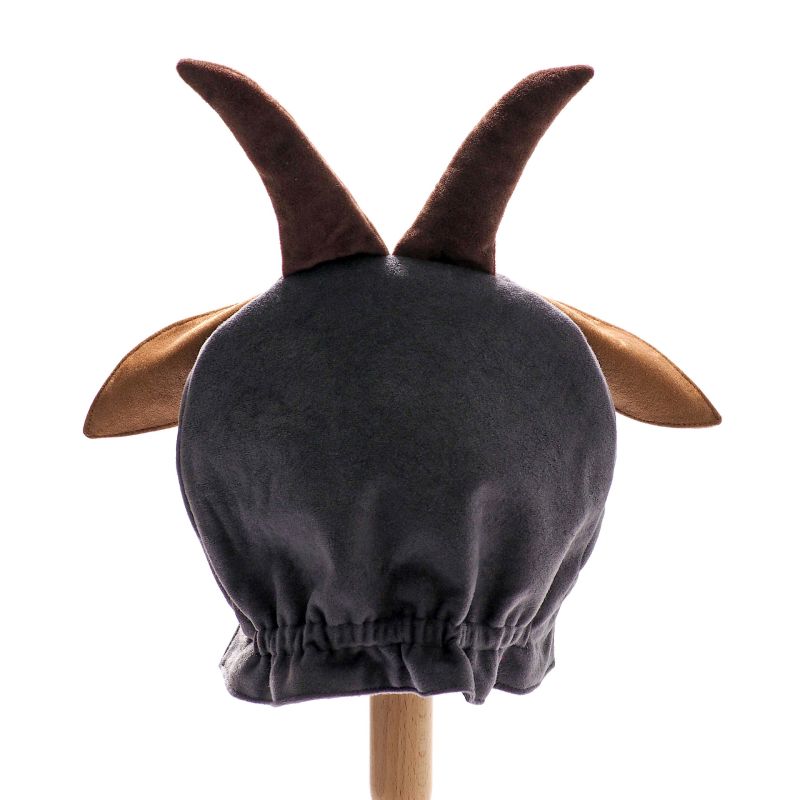 Back view of grey billy goat hat on a stand against a white background.
