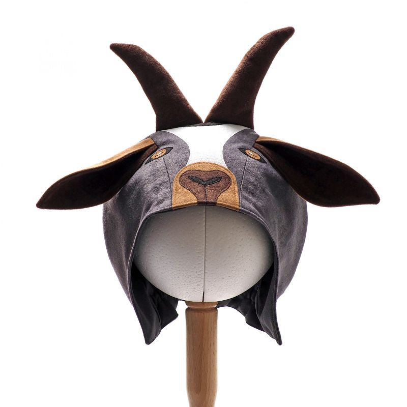 Front view of grey billy goat hat on a stand against a white background.