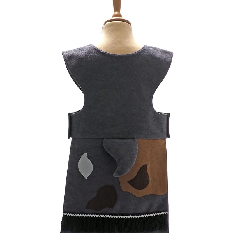 Back view of the grey billy goat tabard on a stand against a white background.