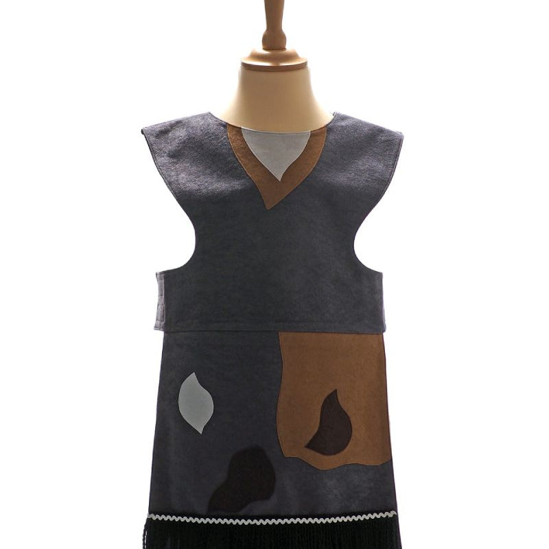 Front view of the grey billy goat tabard on a stand against a white background.