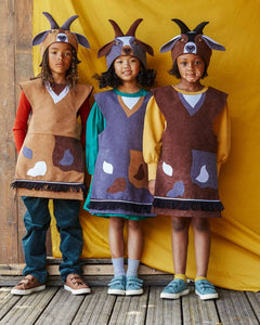 3 children standing in a row, each wearing the billy goat hat and tabard.